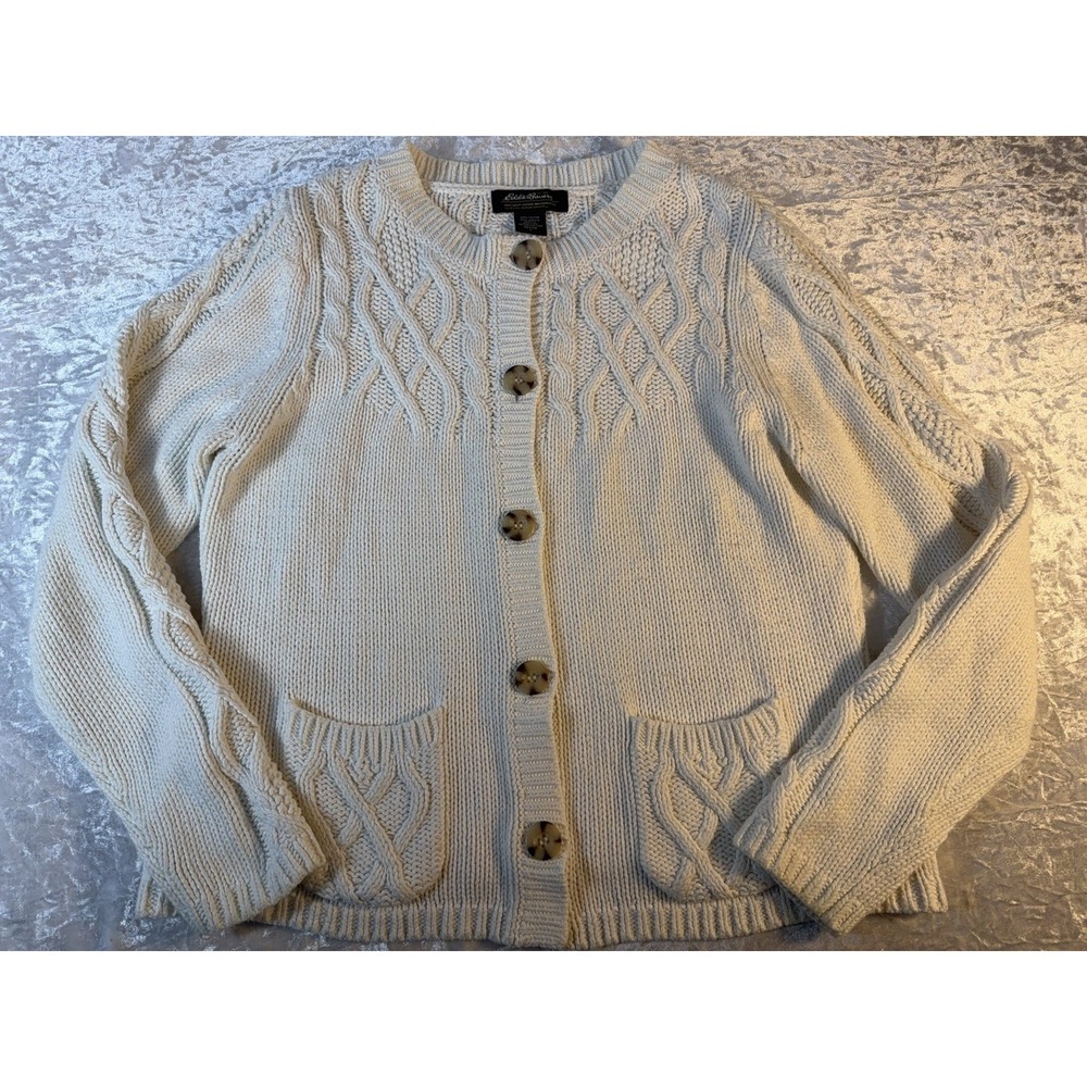 Vintage Y2K Eddie Bauer Womens L Petite Cable Knit Cardigan Sweater Ivory
